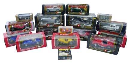 Sixteen Burago 1/20, 1/24 and 1/43 scale die-cast sports cars, including a 1/20 scale 'Mercedes Benz