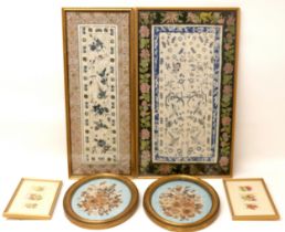 A group of six embroidered panels, including two Chinese silk embroideries, larger glazed, and