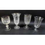 A group of four clear glass 19th century presentation vases / goblets, comprising one celery vase