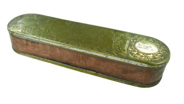 An 18th century brass and copper tobacco box, of oval form, decorated with scenes of King