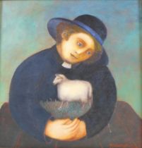 Nicola Slattery RBA (b.1963) acrylic on wood Pious Sheep, frame size 42cm by 43cm bought from the