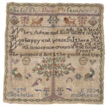 A 19th century needlework sampler, cross stitch threads on linen, depicting alphabets, verse, and an