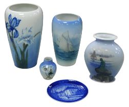 A group of five Royal Copenhagen wares, including four Royal Copenhagen vases, featuring a Little