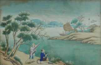Chinese school (Early 20th century): coastal scene with sailing boat and travellers resting,