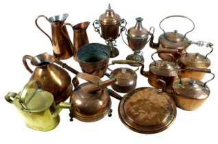 A mixed group of copper and brass items comprising of a copper electric kettle, a small copper