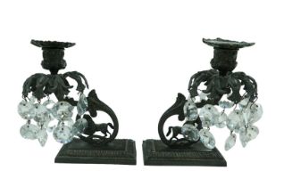 A pair of 19th century bronzed metal table lustres, with horse mounts, raised upon rectangular