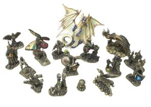 Fourteen pewter metallic figurines ‘Fantasy and Legend’ including some by Mark Locker, all WAPW,