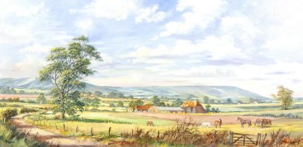 W. Howells: ‘Near Horsebridge, East Sussex’, landscape, oil on canvas, 50 by 100.5cm, framed, 64