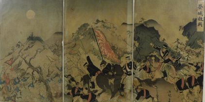 A group of three Japanese woodblock prints, 'Kokunimasa, Victory At Pyongyang' depicting a cavalry