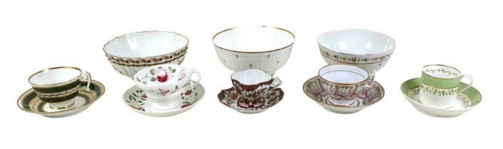A group of late 18th and 19th century English china tea wares, including a Worcester fluted bowl,