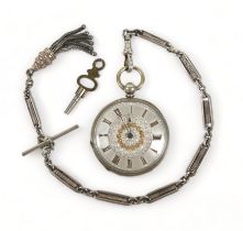A fine silver key wind pocket watch on a diver watch chain, 38mm case, 29cm chain hallmarked