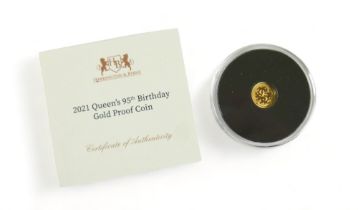 A 2001 ERII 95th birthday gold proof coin, 24ct gold with certificate, plastic case and pouch.