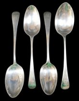 Four 19th century silver table spoons, two with initials 'JS' to finials, rubbed hallmarks, together