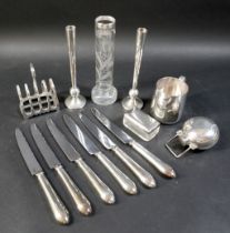 A collection of silver and silver plate, including a pair of ERII silver spill vases, with