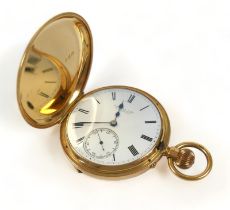 An 18ct yellow gold top wind hunter pocket watch, by Russells Limited makers to the Queen. 48mm