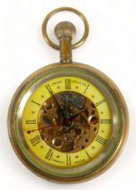 A Jaeger LeCoultre open-faced skeleton pocket watch, with gilt metal case, Roman numeral dial. Not