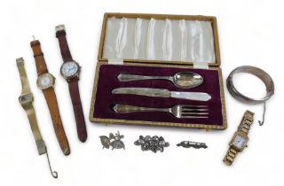 A group of silver and jewellery, comprising a silver three piece Christening set, cased, a silver
