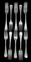 Ten Edwardian and later silver dessert forks, comprising four Edwardian forks with initial 'S' to