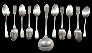 A collection of George III and later silver spoons, including a George III teaspoon, possibly
