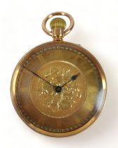 A French 18ct yellow gold top wind pocket watch, 36mm case with gilt foliate dial, French Minerva