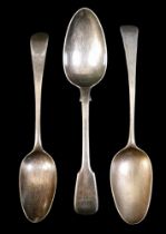 Two George III silver serving spoons, William Grundy, London (pre-1784, year letter indistinct),