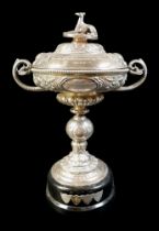 A Victorian twin handled silver trophy, with hound surmount presentation inscription: ‘The Haigh