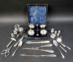 A collection of assorted silver, including an Edwardian vesta case, rubbed hallmarks, a 19th century
