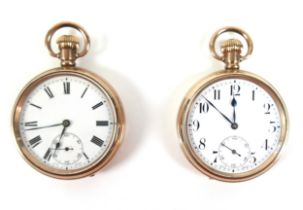 Two gold plated open faced pocket watches, keyless wind. (2)