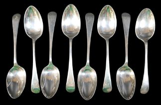 An associated set of eight Edwardian and later silver dessert spoons, two Edwardian spoons with