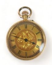 An 18ct gold cased fob watch, top wind, golden Roman numeral dial, 18ct gold dust cover, case
