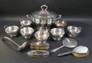 Four George V silver backed dressing table wares, three pieces Walker & Hall, Sheffield 1931, one