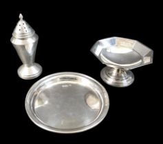A group of three silver items, comprising an Art Deco design sugar shaker, A L Davenport Ltd,
