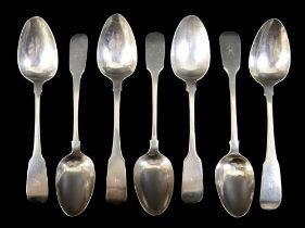Seven George III and later Irish silver fiddleback teaspoons, all with initial 'H' to finials,