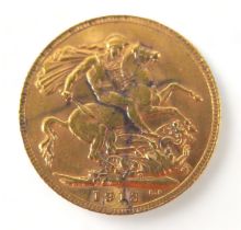 A George V gold sovereign, 1913.