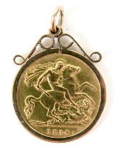 A George V gold half sovereign, 1914, in a yellow metal pendant mount.