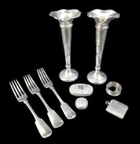 Six pieces of silver ware and three silver plated forks, to include two bottle tops, a napkin ring