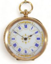 An 18ct yellow gold key wind open face pocket watch with enamel dial and 39mm case, weight 42.7