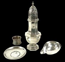 A group of four silver items, comprising a George V silver sugar shaker, H W Plate Manufacturing Co,