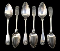 A set of six George III Scottish silver fiddle back teaspoons, with shell mounts and the initial 'B'