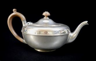 An Edwardian silver teapot, of squat form, with brown bakelite handle and finial, Charles &
