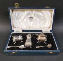 An ERII cased silver cruet set, comprising a salt and mustard pot both with blue glass liners, a