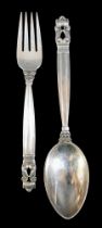 A Georg Jensen Danish silver spoon and fork, old Danish pattern, bowl of spoon initialled RRHT