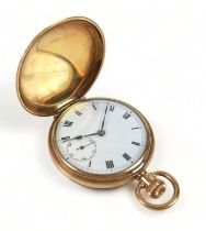 A 9ct gold cased hunter pocket watch, monogram 'JR' to cover, top wind, Roman numeral dial,