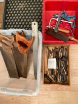 Saws, hack saws, mitre blocks and various tools