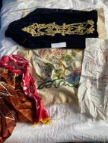 Sampler, vintage scarf, runner and embroidery panel and football scarf
