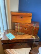 Burr walnut writing box and 2 others a/f