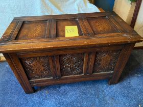 Oak coffer, carved panels 18 inch height, 26 inch width x 15 inch deep