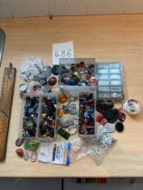 Cameos, stones, beads, decanter, labels, crystal drops