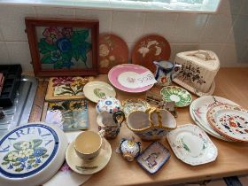 Painted tiles, cheese dish, pottery, stained glass etc