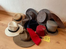 Qty of hats including fez, tricorn, trilby, straw hats and Canadian hat